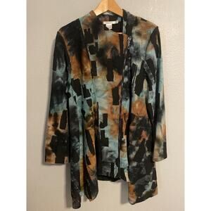 Feratelli Jacket Womens Large Black Teal Brown Abstract Print Asym Zip Longline